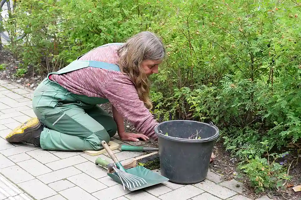 Person reinigt die Beete vom Unkraut