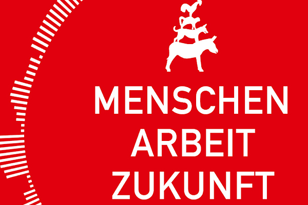 Roter Untergrund mit Stadtmusikanten und dem Schriftzug Menschen, Arbeit, Zukunft