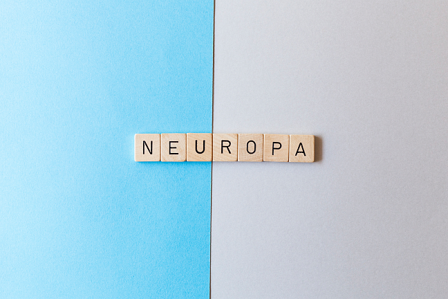 Zweifarbiger Untergrund mit dem aus Buchstaben gelegten Wort NeuEuropa